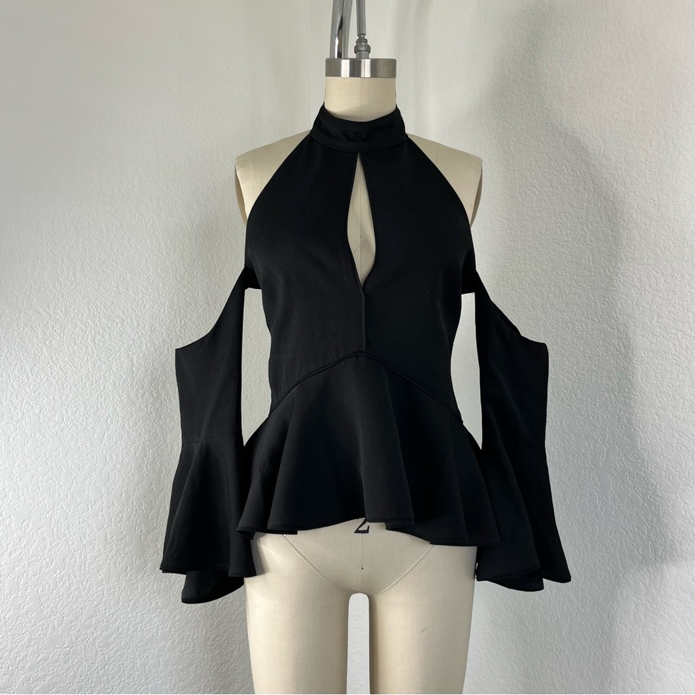 C/MEO COLLECTIVE Too Close Halter Bell Sleeve Cold Shoulder Black Top - Picture 2 of 12